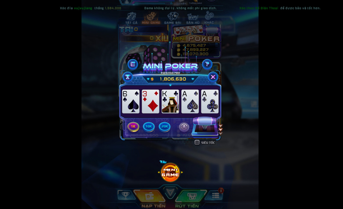 Quy trình cá cược Mini Poker có tại Win 79 